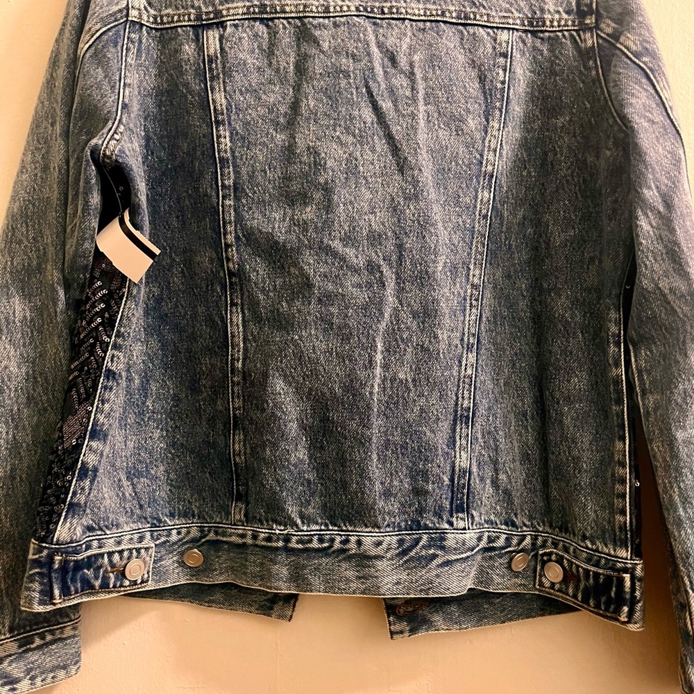 nwt ๐ denim moto jacket with abstract plaid sequins - Picture 12 of 16